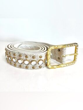 Vintage White and Gold Belt Studded and Crystals with Gold Buckle